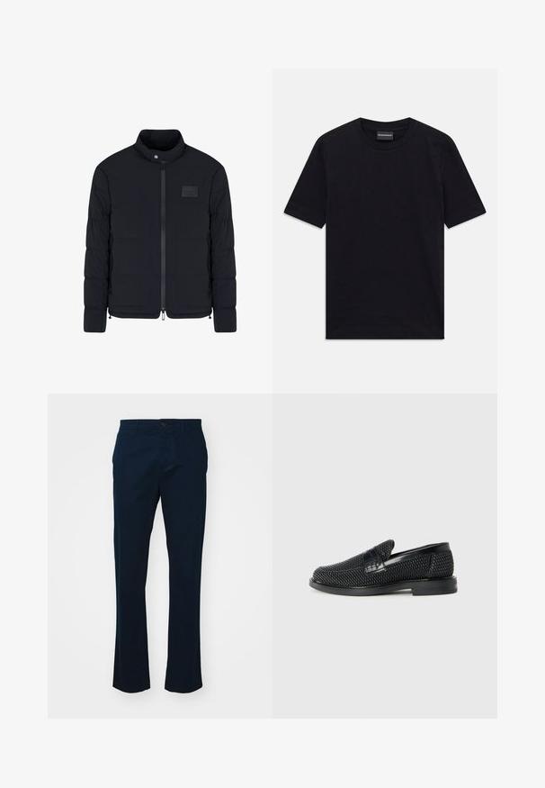 Heren zwarte doorgestikte jas met opstaande kraag, ritssluiting aan de voorkant, zijzakken en een klein rechthoekig borstvlak.; Zwarte T-shirt met korte mouwen en ronde hals met een subtiele reliëfpatroon en merklabel in de kraag, plat gelegd op een witte achtergrond.; Marineblauwe broeken van lichtgewicht stof. Ze hebben een recht gesneden ontwerp, een enkele knoopsluiting en minimalistische stiksels.; Zwartegeweven instap schoenen met een glad leren accent aan de bovenkant, een ronde neusontwerp en een laag profiel rubberen zool.