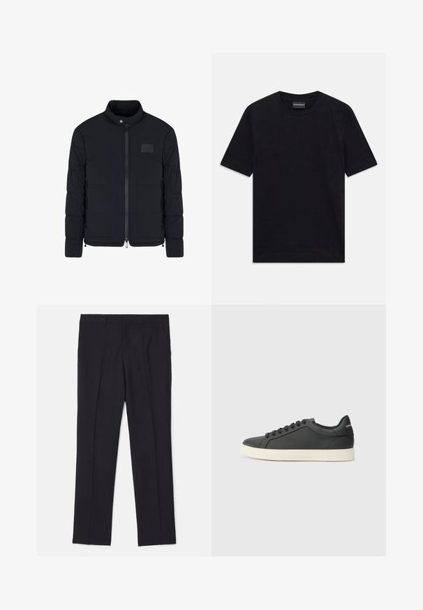 Schwarze, gesteppte Herrenjacke mit Stehkragen, Frontreißverschluss, Seitentaschen und einem kleinen rechteckigen Brustpatch.; Schwarzes kurzärmeliges T-Shirt mit Rundhalsausschnitt und dezentem, geprägtem Muster sowie Markenlabel im Kragen, flach auf weißem Hintergrund ausgelegt.; Schwarze maßgeschneiderte Hose aus glattem Stoff, mit zwei Seitentaschen, geradem Bein und ohne sichtbare Muster oder Akzente.; Schwarze Ledersneaker mit niedrigem Profil, abgerundeter Zehe und Schnürverschluss; ausgestattet mit einer strukturierten Gummisohle und Logo-Detail an der Ferse.