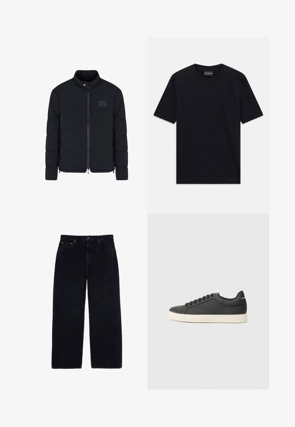 Veste matelassée noire pour homme avec col montant, fermeture éclair frontale, poches latérales et petite écusson rectangulaire sur la poitrine.; T-shirt noir à manches courtes et col ras du cou avec un motif en relief subtil et une étiquette de marque à l'intérieur du col, posé à plat sur un fond blanc.; Pantalons en velours côtelé à jambes larges de couleur bleu foncé, avec une texture ribbed, un design standard à cinq poches et une fermeture à bouton en métal à la taille.; Baskets en cuir noir avec un profil bas, bout rond et fermeture lacée ; elles présentent une semelle en caoutchouc texturée et un détail de logo au niveau du talon.