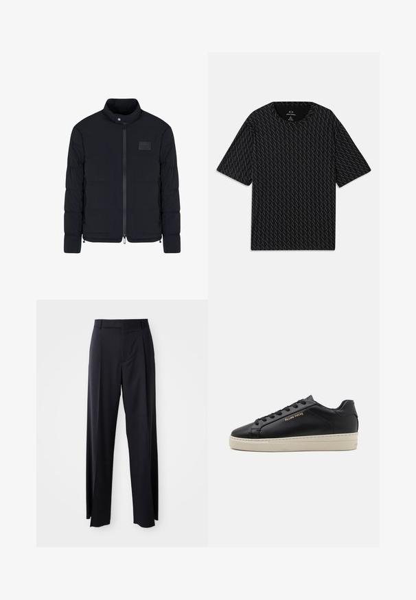 Giacca nera imbottita da uomo con colletto alla coreana, cerniera frontale, tasche laterali e una piccola toppa rettangolare sul petto.; T-shirt nera con un motivo testurizzato di loghi 'A' alternati, maniche corte e scollo rotondo. Realizzata in tessuto leggero.; Pantaloni neri a vita alta con gamba larga, realizzati in tessuto liscio. Presentano pieghe frontali e passanti per cintura. Design minimalista, senza hardware visibile.; Sneaker in pelle nera con finitura liscia, suola crema a contrasto, punta arrotondata, logo dorato sul lato e sei asole per i lacci.