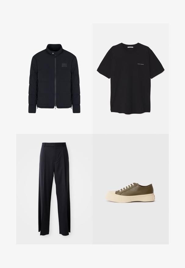 Schwarze, gesteppte Herrenjacke mit Stehkragen, Frontreißverschluss, Seitentaschen und einem kleinen rechteckigen Brustpatch.; Schwarzes Baumwoll-T-Shirt mit Rundhalsausschnitt, kurzen Ärmeln und weißem Logodruck auf der linken Brust. Einfaches, einfarbiges Design.; Schwarze, hoch taillierte Hose mit weitem Bein, aus glattem Stoff. Verfügt über vorne gelegte Falten und Gürtelschlaufen. Minimalistisches Design, ohne sichtbare Beschläge.; Olivgrüner Low-Top-Sneaker mit einer dicken cremefarbenen Sohle und weißen Schnürsenkeln, auf einem schlichten weißen Hintergrund präsentiert.