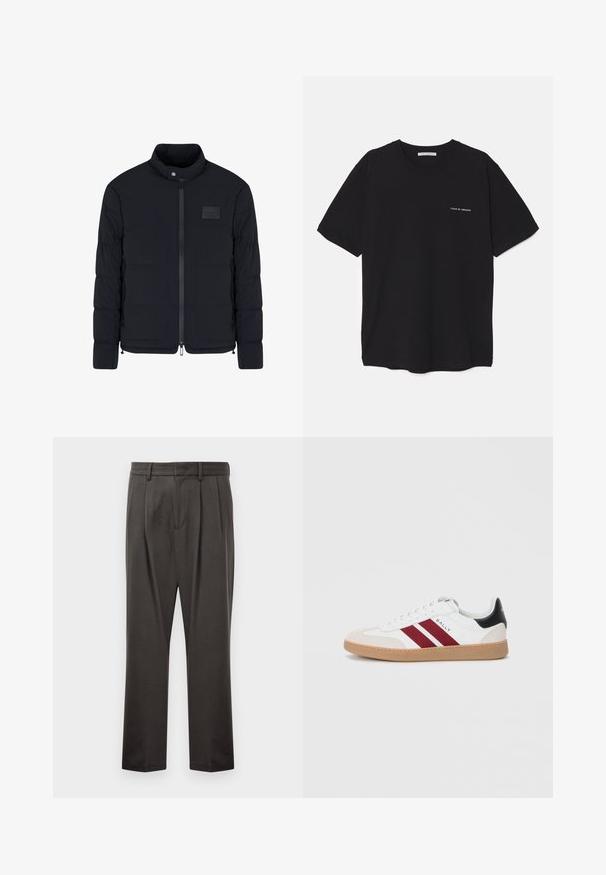 Schwarze, gesteppte Herrenjacke mit Stehkragen, Frontreißverschluss, Seitentaschen und einem kleinen rechteckigen Brustpatch.; Schwarzes Baumwoll-T-Shirt mit Rundhalsausschnitt, kurzen Ärmeln und weißem Logodruck auf der linken Brust. Einfaches, einfarbiges Design.; Dunkelgraue Hose aus strukturiertem Stoff, mit flachem Bund, Falten, geraden Beinen und Gürtelschlaufen. Keine sichtbaren Beschläge oder Muster.; Weiße Low-Top-Sneaker mit zwei bordeauxfarbenen Streifen, einer Wildleder-Zehenkappe und einem schwarzen Akzent an der Ferse, mit einer Gummi-Sohle.