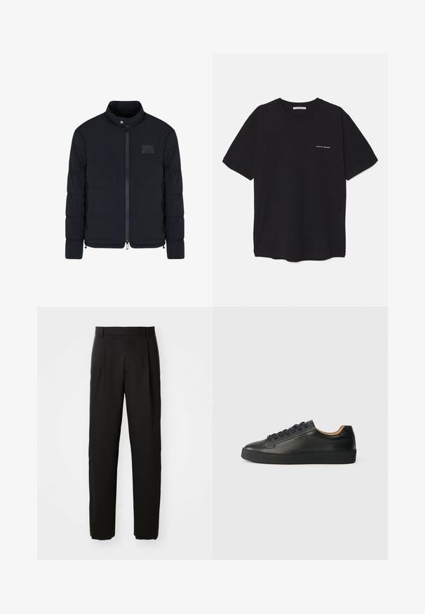 Giacca nera imbottita da uomo con colletto alla coreana, cerniera frontale, tasche laterali e una piccola toppa rettangolare sul petto.; T-shirt in cotone nero con collo rotondo, maniche corte e stampa bianca del logo sul lato sinistro del petto. Design semplice e monocromatico.; Pantaloni neri su misura con un design a gamba dritta, caratterizzati da un davanti piatto e una texture di tessuto liscio e tessuto.; Sneaker in pelle nera a collo basso con superficie texturizzata, lacci neri e suola in gomma spessa, mostrato di lato su uno sfondo chiaro.