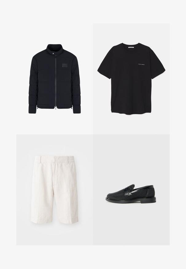 Veste matelassée noire pour homme avec col montant, fermeture éclair frontale, poches latérales et petite écusson rectangulaire sur la poitrine.; T-shirt en coton noir avec un col rond, des manches courtes et un logo blanc imprimé sur la poitrine gauche. Design simple, couleur unie.; Shorts en lin beige clair avec une taille élastique, poches latérales et une coupe droite. Texture lisse avec des coutures minimales visibles.; Chaussure slip-on tissée noire avec un accent en cuir lisse sur le dessus, un design à bout rond et une semelle en caoutchouc à profil bas.