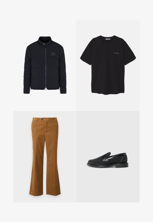 Schwarze, gesteppte Herrenjacke mit Stehkragen, Frontreißverschluss, Seitentaschen und einem kleinen rechteckigen Brustpatch.; Schwarzes Baumwoll-T-Shirt mit Rundhalsausschnitt, kurzen Ärmeln und weißem Logodruck auf der linken Brust. Einfaches, einfarbiges Design.; Braune Cord-Hosen mit Schlag, aus strukturiertem Material, mit Knopfverschluss und taillierter Passform. Mit normalem Bund und weitem Beinöffnungsdesign.; Schwarzer geflochtener Slipper mit einem glatten Lederakzent im Obermaterial, einem runden Zehendesign und einer flachen Gummisohle.