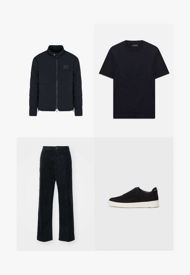 Schwarze, gesteppte Herrenjacke mit Stehkragen, Frontreißverschluss, Seitentaschen und einem kleinen rechteckigen Brustpatch.; Schwarzes T-Shirt mit kurzem Arm und Rundhalsausschnitt, mit dezentem, erhabenem Logodesign in der Mitte der Brust und einem Markenetikett im Kragen.; Schwarze Cordhosen mit geradem Bein Design, versehen mit vertikalen Streifen, einem Knopfverschluss vorne und Gürtelschlaufen.; Schwarze Wildleder-Sneaker mit Schnürdesign und kontrastierender weißer Gummisohle. Verfügt über strukturierte Seitenpaneele und dezentes Branding an der Ferse.