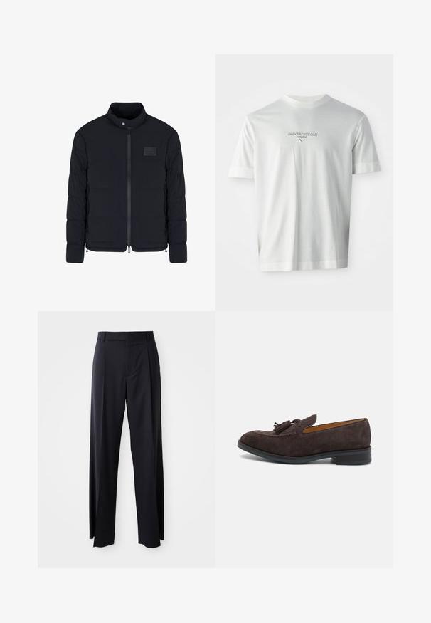 Giacca nera imbottita da uomo con colletto alla coreana, cerniera frontale, tasche laterali e una piccola toppa rettangolare sul petto.; T-shirt bianca a maniche corte con il logo "EMPORIO ARMANI MILANO" centrato sul petto in rilievo sottile.; Pantaloni neri a vita alta con gamba larga, realizzati in tessuto liscio. Presentano pieghe frontali e passanti per cintura. Design minimalista, senza hardware visibile.; Paul Smith LAWSON - Scarpe senza lacci - brown