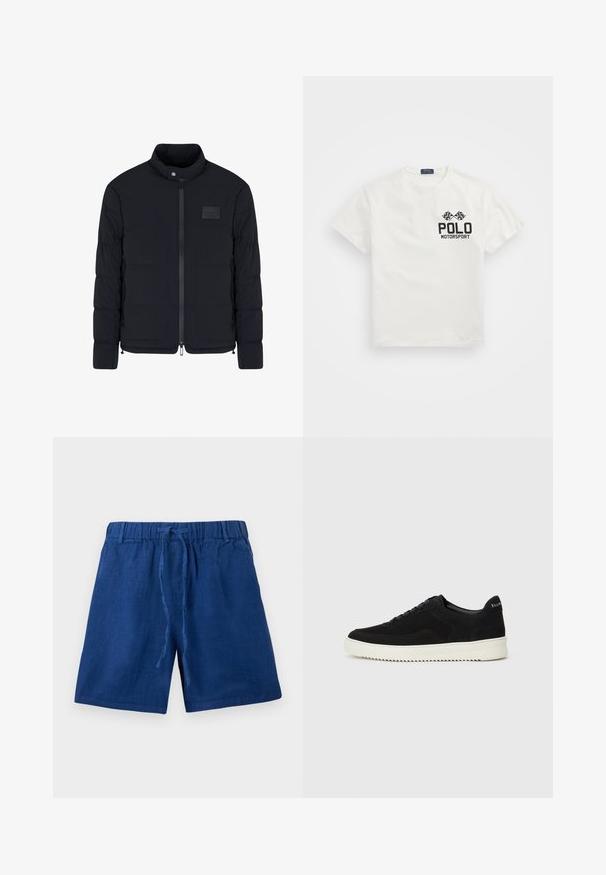 Schwarze, gesteppte Herrenjacke mit Stehkragen, Frontreißverschluss, Seitentaschen und einem kleinen rechteckigen Brustpatch.; Weißes Baumwoll-T-Shirt mit Rundhalsausschnitt, das auf der linken Brust ein schwarzes "Polo Motorsport"-Logo und gekreuzte Zielflaggen zeigt.; Blaue lässige Shorts mit elastischem Bündchen und Kordelzug, aus leichtem Stoff gefertigt.; Schwarze Wildleder-Sneaker mit Schnürdesign und kontrastierender weißer Gummisohle. Verfügt über strukturierte Seitenpaneele und dezentes Branding an der Ferse.