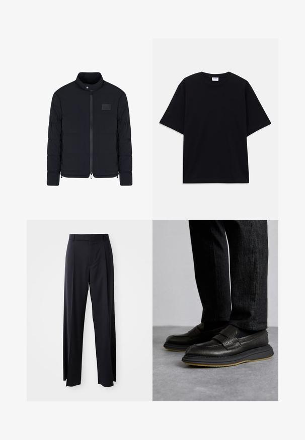 Men's black quilted jacket with stand collar, front zipper, side pockets, and a small rectangular chest patch.; Black short-sleeve oversized T-shirt with round neckline and visible Filippa K brand label inside the collar.; Black, high-waisted trousers with a wide-leg cut, made of smooth fabric. Features front pleats and belt loops. Minimalistic design, no visible hardware.; The Antipode COLLEGE - Slip-ons - black