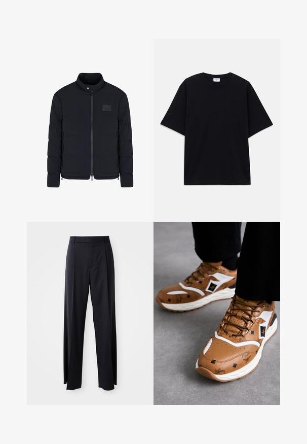 Schwarze, gesteppte Herrenjacke mit Stehkragen, Frontreißverschluss, Seitentaschen und einem kleinen rechteckigen Brustpatch.; Schwarzes, oversized T-Shirt mit kurzen Ärmeln und rundem Ausschnitt, mit sichtbarem Filippa K Markenlabel im Kragen.; Schwarze, hoch taillierte Hose mit weitem Bein, aus glattem Stoff. Verfügt über vorne gelegte Falten und Gürtelschlaufen. Minimalistisches Design, ohne sichtbare Beschläge.; Braune Ledersneaker mit weißen Akzenten, strukturierten Mustern und goldenen Details; dicke weiße Sohle; runde Zehenform und Schnürdesign.