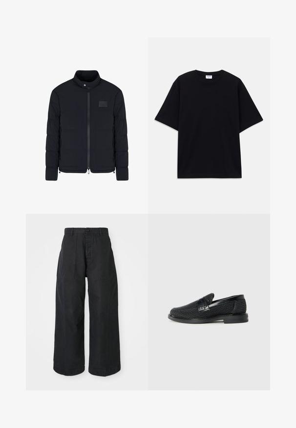 Veste matelassée noire pour homme avec col montant, fermeture éclair frontale, poches latérales et petite écusson rectangulaire sur la poitrine.; T-shirt noir à manches courtes oversize avec un col rond et une étiquette de marque Filippa K visible à l'intérieur du col.; Pantalons larges noirs en toile avec fermeture à bouton, dotés de deux poches avant et d'une coupe décontractée.; Chaussure slip-on tissée noire avec un accent en cuir lisse sur le dessus, un design à bout rond et une semelle en caoutchouc à profil bas.