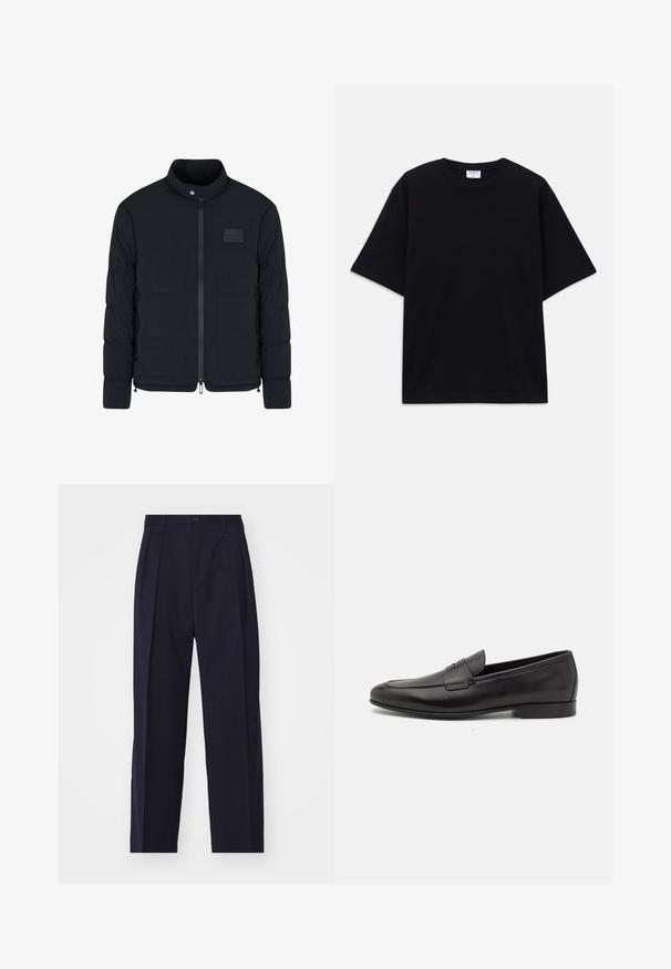 Schwarze, gesteppte Herrenjacke mit Stehkragen, Frontreißverschluss, Seitentaschen und einem kleinen rechteckigen Brustpatch.; Schwarzes, oversized T-Shirt mit kurzen Ärmeln und rundem Ausschnitt, mit sichtbarem Filippa K Markenlabel im Kragen.; Marineblaue, maßgeschneiderte Hose mit geradem Bein, Falten vorne, Knopfverschluss und ohne sichtbare Taschen. Glatte Stofftextur.; Schwarze Leder-Herrenloafer mit niedrigem Absatz und klassischem Penny-Riemen-Design, seitlich auf einem weißen Hintergrund dargestellt.