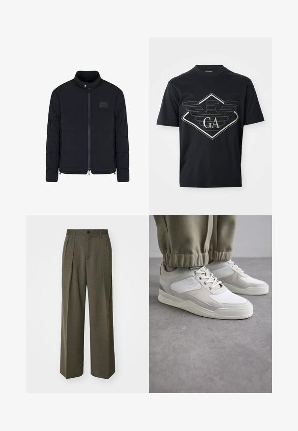 Schwarze, gesteppte Herrenjacke mit Stehkragen, Frontreißverschluss, Seitentaschen und einem kleinen rechteckigen Brustpatch.; Marineblaues Baumwoll-T-Shirt mit einem großen silbernen Logodesign mit Flügeln und einer Diamantform auf der Vorderseite. Kurze Ärmel und runder Ausschnitt.; Filippa K WIDE TROUSERS - Stoffhose - driftwood; Weiße und hellgraue Sneakers mit einer strukturierten Oberfläche, Schnürverschluss und gepolstertem Kragen. Das Design umfasst perforierte und Wildlederakzente.