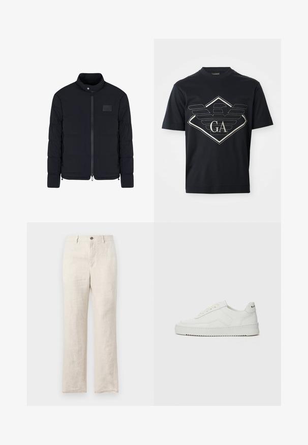 Men's black quilted jacket with stand collar, front zipper, side pockets, and a small rectangular chest patch.; Navy blue cotton t-shirt featuring a large silver logo design with wings and a diamond shape on the front. Short sleeves and round neckline.; Linen pants in a light beige hue, featuring a straight-leg design, front pockets, and a single button closure at the waist.; White leather sneaker with a smooth finish, round toe, flat laces, and a textured sole. Features a subtle logo on the heel.