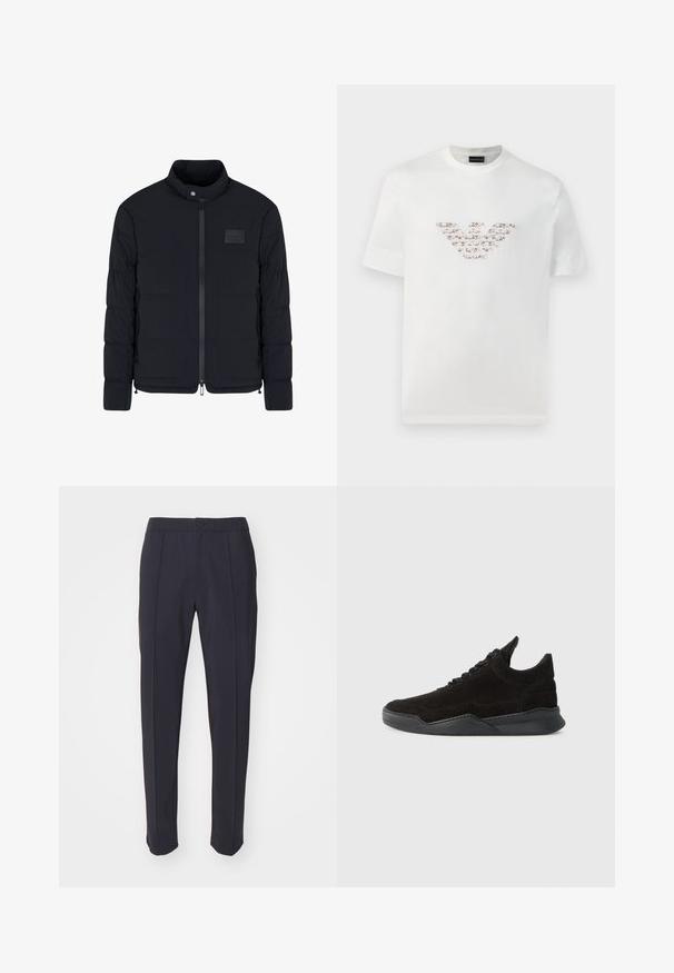 Veste matelassée noire pour homme avec col montant, fermeture éclair frontale, poches latérales et petite écusson rectangulaire sur la poitrine.; T-shirt blanc en coton à manches courtes et col rond. Présente un logo central dans des nuances de rose et de marron.; Pantalons navy avec une coupe ajustée, devant plat et deux plis sur le devant. Fabriqués en tissu lisse avec une taille standard et une fermeture à bouton.; Baskets en suede noir avec un profil bas, une upper texturée, des lacets plats, et une semelle en caoutchouc solide dotée d'un léger talon et d'un design incurvé.