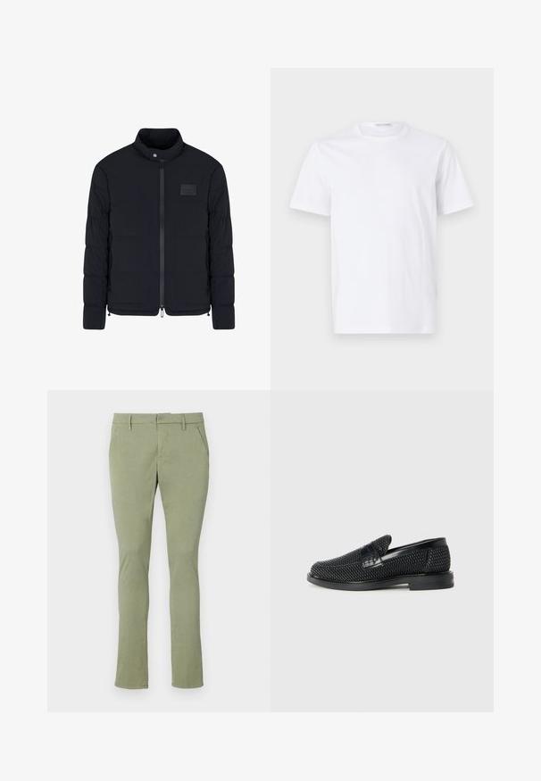 Schwarze, gesteppte Herrenjacke mit Stehkragen, Frontreißverschluss, Seitentaschen und einem kleinen rechteckigen Brustpatch.; Weißes Baumwoll-T-Shirt mit rundem Ausschnitt und kurzen Ärmeln. Glatte Textur, gerader Schnitt und minimalistisches Design ohne Muster oder Akzente.; Hellgrüne Chinos mit schlanker Passform, aus weichem Stoff. Verfügt über eine flache Vorderseite, zwei Seitentaschen und einen klassischen Bund ohne Verzierungen.; Schwarzer geflochtener Slipper mit einem glatten Lederakzent im Obermaterial, einem runden Zehendesign und einer flachen Gummisohle.