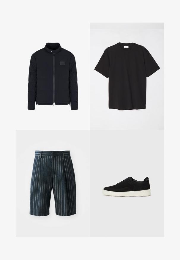 Men's black quilted jacket with stand collar, front zipper, side pockets, and a small rectangular chest patch.; Black cotton t-shirt with a crew neck, short sleeves, and a relaxed fit. Simple design, smooth texture, and no visible patterns or logos.; Blue pinstriped shorts with a straight cut, featuring a waistband and pleats, made from a textured fabric. No visible pockets or hardware.; Black suede sneaker with lace-up design and contrasting white rubber sole. Features textured side panels and subtle branding on the heel.