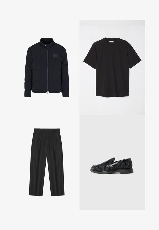 Veste matelassée noire pour homme avec col montant, fermeture éclair frontale, poches latérales et petite écusson rectangulaire sur la poitrine.; T-shirt en coton noir avec un col ras du cou, des manches courtes et une coupe décontractée. Design simple, texture lisse, sans motifs ni logos visibles.; Pantalon noir droit avec passants de ceinture, poches latérales et un design avant légèrement plissé.; Chaussure slip-on tissée noire avec un accent en cuir lisse sur le dessus, un design à bout rond et une semelle en caoutchouc à profil bas.