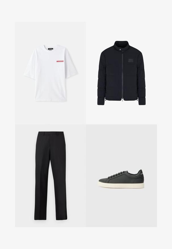 Giacca nera imbottita da uomo con colletto alla coreana, cerniera frontale, tasche laterali e una piccola toppa rettangolare sul petto.; T-shirt bianca in cotone con maniche corte, caratterizzata da un testo rosso "OBSESSED2" sul lato sinistro anteriore. Design classico con colletto a girocollo.; Pantaloni neri a gamba dritta in tessuto liscio. Presentano una vita standard e nessun motivo o accento visibile.; Sneaker in pelle nera con profilo basso, punta tondeggiante e chiusura stringata; presenta una suola in gomma testurizzata e dettaglio del logo sul tallone.
