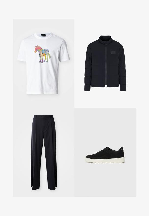 Heren zwarte doorgestikte jas met opstaande kraag, ritssluiting aan de voorkant, zijzakken en een klein rechthoekig borstvlak.; PS Paul Smith ZEBRA - T-shirt print - white; Zwarte, hooggewaisted broeken met een brede pijp, gemaakt van een gladde stof. Voorzien van voorkanten met plooien en riemlussen. Minimalistisch ontwerp, geen zichtbare hardware.; Zwarte suède sneakers met vetersluiting en contrasterende witte rubberen zool. Voorzien van textuurpanelen aan de zijkanten en subtiele branding op de hiel.