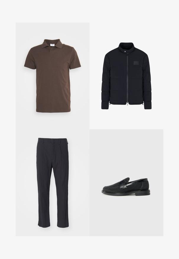 Heren zwarte doorgestikte jas met opstaande kraag, ritssluiting aan de voorkant, zijzakken en een klein rechthoekig borstvlak.; Filippa K Poloshirt - dark choco; Zwarte geplooide broek van textuurstof, met een recht model en een standaard tailleband. Geen zichtbare zakken of hardware.; Zwartegeweven instap schoenen met een glad leren accent aan de bovenkant, een ronde neusontwerp en een laag profiel rubberen zool.