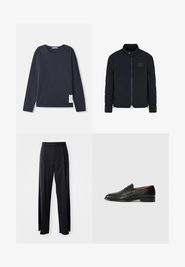 Heren zwarte doorgestikte jas met opstaande kraag, ritssluiting aan de voorkant, zijzakken en een klein rechthoekig borstvlak.; Langsleeve, ronde hals t-shirt in donker marineblauw katoen met een zachte textuur, met een klein wit label aan de linkerkant.; Zwarte, hooggewaisted broeken met een brede pijp, gemaakt van een gladde stof. Voorzien van voorkanten met plooien en riemlussen. Minimalistisch ontwerp, geen zichtbare hardware.; Zwarte leren instapper met een ronde neus, subtiele stikdetails en een lage hak, met een gladde textuur en een minimalistisch ontwerp.