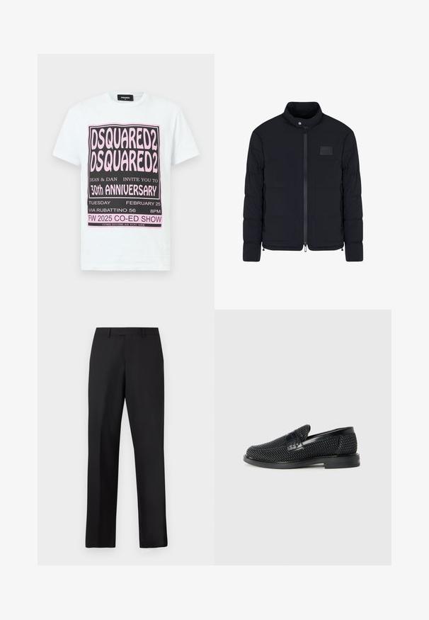 Men's black quilted jacket with stand collar, front zipper, side pockets, and a small rectangular chest patch.; White cotton t-shirt featuring black and pink graphic text for DSQUARED2’s 30th Anniversary event details, short sleeves, and a crew neck.; Black, straight-leg trousers made of smooth fabric. Features a standard waistband and no visible patterns or accents.; Black woven slip-on shoe with a smooth leather accent on the upper, a round toe design, and a low-profile rubber sole.