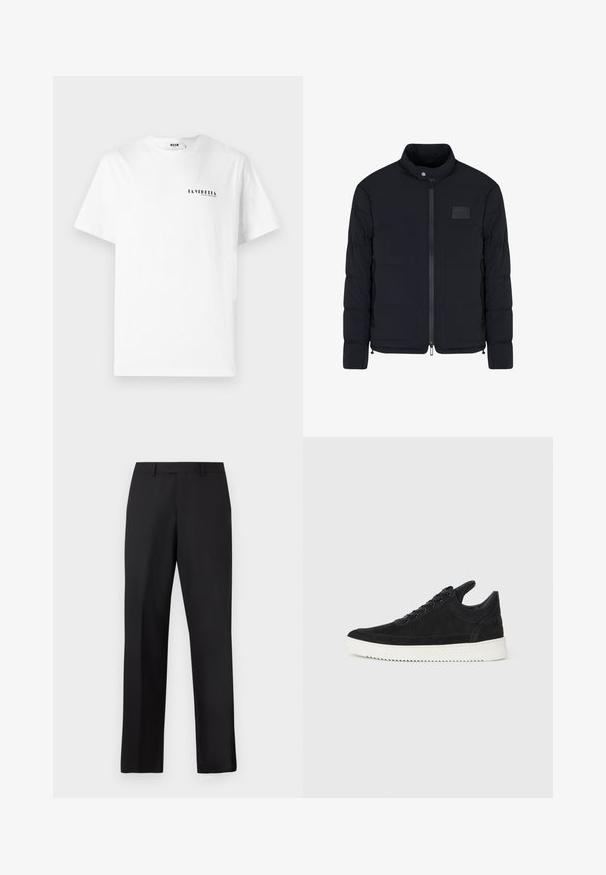 Schwarze, gesteppte Herrenjacke mit Stehkragen, Frontreißverschluss, Seitentaschen und einem kleinen rechteckigen Brustpatch.; Weißes Baumwoll-T-Shirt mit Rundhalsausschnitt, versehen mit einem kleinen schwarzen grafischen Text "LA VEDDITA" auf der linken Brustseite.; Schwarze, gerade geschnittene Hose aus glattem Stoff. Verfügt über einen normalen Bund und keine sichtbaren Muster oder Akzente.; Schwarze Wildleder-Sneaker mit einer weißen Gummisohle, die sich durch elegante Nähte und ein schnürbares Design auszeichnen. Glatte Textur mit einer modernen, stromlinienförmigen Form.