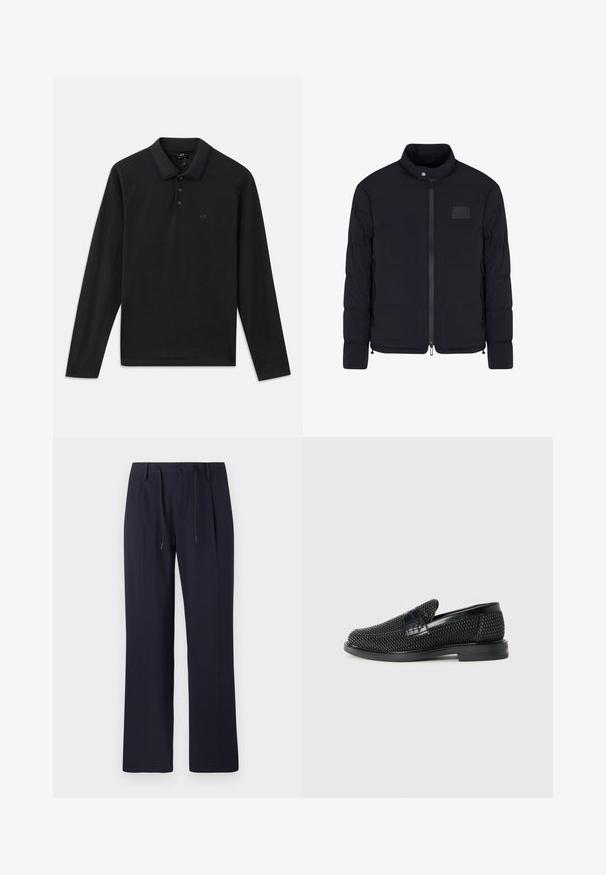 Schwarze, gesteppte Herrenjacke mit Stehkragen, Frontreißverschluss, Seitentaschen und einem kleinen rechteckigen Brustpatch.; Schwarzes Langarm-Polohemd mit geripptem Kragen, ausgestattet mit einer Knopfleiste mit drei Knöpfen und einem dezenten Logo auf der Brust. Weiches Baumwollmaterial.; Marineblaue Hose mit geradem Bein, aus strukturiertem Stoff. Verfügt über einen Knopfverschluss vorne und einen verstellbaren Kordelzugbund.; Schwarzer geflochtener Slipper mit einem glatten Lederakzent im Obermaterial, einem runden Zehendesign und einer flachen Gummisohle.