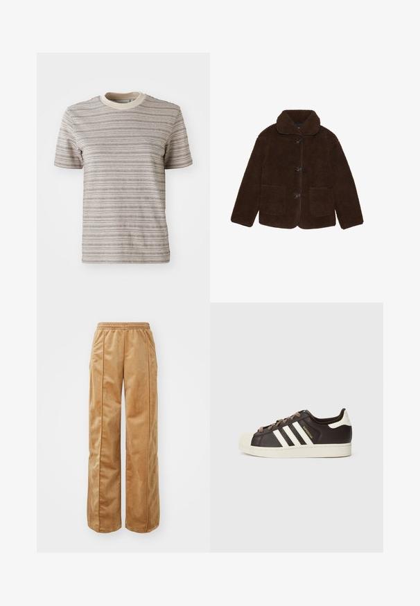 Bruine nepbontjas met een kraag, sluiting met knopen aan de voorkant en twee opgestikte zakken. Getextureerd oppervlak, geen zichtbare patronen of accenten.; Gestreepte T-shirt met korte mouwen in beige en crème. Heeft een ronde hals met een contrasterende kraag en een textuurpatroon in de stof.; Tan wijde broek van zacht, fluweelachtig materiaal. Voorzien van een elastische tailleband en verticale naden aan de voorkant voor extra detail.; Low-top Adidas Superstar sneaker in donkerbruin leer met crème shell-toe, witte strepen en de tekst "Superstar" aan de zijkant.
