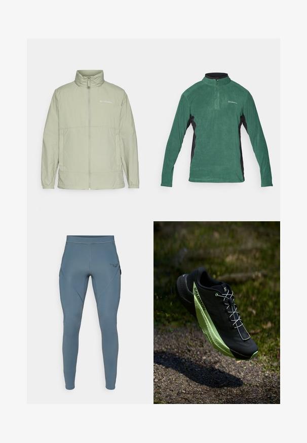 Gaiši zaļa ar rāvējslēdzēju aizverama jaka ar paceltu apkakli, elastīgām piedurknēm un logotipa akcentu. Izgatavota no gludas, vieglas auduma un ar brīvu piegriezumu.; Zaļš vilnas džemperis ar ceturtdaļas rāvējslēdzēju, melni sānu paneļi un garas piedurknes. Piedāvā gludu tekstūru un mazu logotipu uz krūšu daļas.; Zilās sporta legingi ar gludu tekstūru, ar sānu kabatām un kontrastējošu melnu logo uz gurniem. Pieguļošs dizains.; Melna sporta kurpe ar tekstūrētu virsmu un zaļiem akcentiem. Iezīmējas ar vieglu konstrukciju un unikālu, rakstainu zoli, kas nodrošina saķeri.