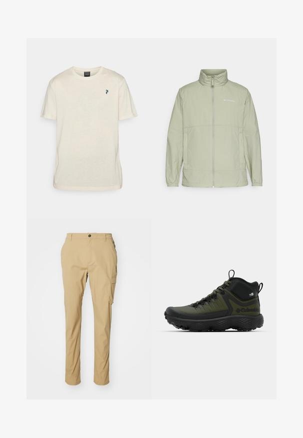 Gaiši zaļa ar rāvējslēdzēju aizverama jaka ar paceltu apkakli, elastīgām piedurknēm un logotipa akcentu. Izgatavota no gludas, vieglas auduma un ar brīvu piegriezumu.; Peak Performance EXPLORE GRAPHIC TEE - Apdrukāts T-krekls - sand fog; Khaki kravas bikses, izgatavotas no viegla auduma, ar taisnu piegriezumu, sānu kabatām un pogu aizdari jostasvietā.; Columbia ESCAPE THRIVE TITANIUM MID - Pārgājienu apavi - nori/black