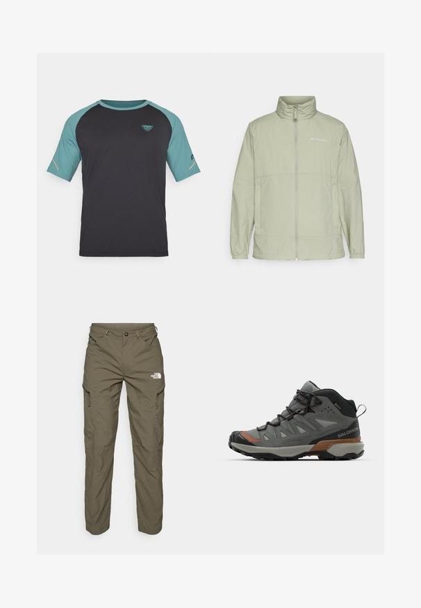 Gaiši zaļa ar rāvējslēdzēju aizverama jaka ar paceltu apkakli, elastīgām piedurknēm un logotipa akcentu. Izgatavota no gludas, vieglas auduma un ar brīvu piegriezumu.; Īsām piedurknēm krekls melnā krāsā ar gaiši zilām akcentēm. Iekļauj apaļu kakla izgriezumu, raglanu piedurknes un logotipu uz krūtīm. Gluda tekstūra.; Olīvu zaļas āra bikses, kas izgatavotas no viegla auduma, ar kravu kabatām, rāvējslēdzēju akcentiem un logotipu uz augšstilba.; Vidēji augstas ārējās kurpes pelēkā krāsā, izgatavotas no sieta un zamša, ar gumijas zoli, uzsienamām virsotnēm un oranžiem akcentiem, kas paredzētas izturībai un komfortam.