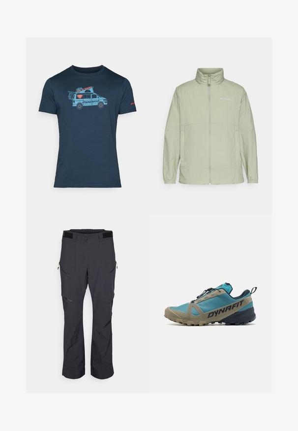 Svijetlozeleni zip-up dukserica s visokim okovratnikom, elastičnim manžetama i naglaskom na logotipu. Ima glatku, laganu tkaninu i opušteni kroj.; Navy plavi pamučni majica s grafikom svijetloplavog kamperskog vozila s planinarskom opremom na vrhu i "DYNAFIT" logotipom u narančastoj boji.; Crne vanjske hlače napravljene od izdržljive tkanine, s višestrukim džepovima na zip, ojačanim koljenima i podesivim pojasom.; Cipele za trčanje po stazama s plavim i bež mrežastim gornjim dijelom, zatvaranjem na vezivanje s petljama i teksturiranim gumiranim potplatom za bolje prianjanje. Sadrži brendiranje "DYNAFIT".