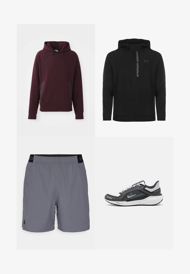 Must must erineva kapuutsiga jakk, mis on valmistatud pehmest ja kergest materjalist. Omab peegeldavat "UNDER ARMOUR" logo ja sujuvat tekstuuri.; Bordo kapuutsweater, mis on valmistatud pehmest kangast, sisaldab külje tõmblukuga känguru taskut ja musti aktsente. Ribbed varrukaotsad ja hem.; Hallide hallid sportlikud lühikesed püksid kerge materjaliga, millel on elastne vöökohus mustade aktsentidega ja küljetaskud. Lihtne disain ilma mustriteta.; Mustern ja hallide värvusega spordijalats, millel on võrgusilmast ülemine osa, peegeldavad aktsendid ja valge vaheosa. Omab tekstuuriga kummist välisosa ja kingapaelu.