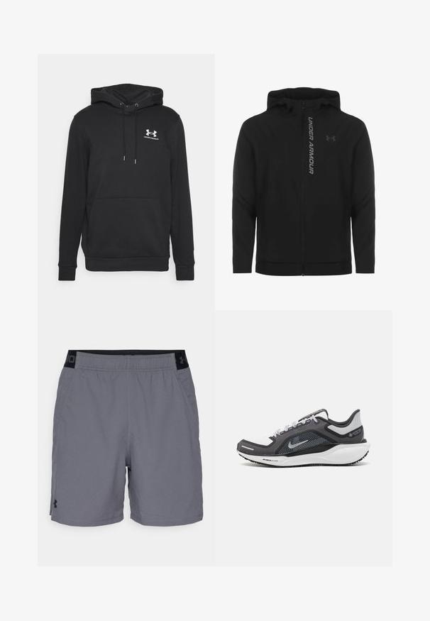 Schwarze, leichte Kapuzenjacke mit Reißverschluss aus weichem Material. Ausgestattet mit reflektierendem "UNDER ARMOUR"-Logo und einer glatten Struktur.; Schwarzer Kapuzenpullover mit Kängurutasche, verstellbarem Kapuzenzug und einem weißen Under Armour Logo auf der Brust. Hergestellt aus weichem Stoff.; Graue Sportshorts aus leichtem Material, mit einem elastischen Bund und schwarzen Akzenten sowie seitlichen Taschen. Einfaches Design ohne Muster.; Schwarzer und grauer Sportschuh mit einem Mesh-Obermaterial, reflektierenden Akzenten und einer weißen Zwischensohle. Verfügt über eine strukturierte Gummisohle und Schnürsenkel.
