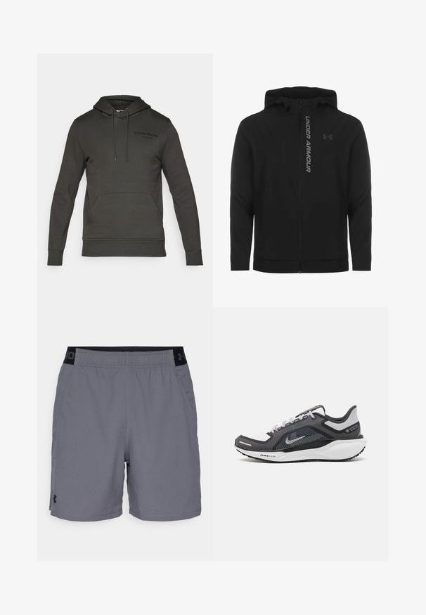 Juodas zip-up gobtuvu džemperis, pagamintas iš minkštos, lengvos medžiagos. Yra atspindintis "UNDER ARMOUR" logotipas ir glotni tekstūra.; Tamsiai pilkas sportinis džemperis su priekiniais kengūros tipo kišeniais, kapišonu ir raišteliais. Priekyje yra juodas logotipas, pagamintas iš minkštos medžiagos.; Pilki sportiniai šortai pagaminti iš lengvo audinio, su elastine juosta juodais akcentais ir šoninėmis kišenėmis. Paprastas dizainas be raštų.; Juodas ir pilkas sportinis batelis su tinkleliu viršuje, atspindinčiais akcentais ir balta vidurinė dalimi. Yra tekstūruota guminė išorinė pada ir raišteliai.