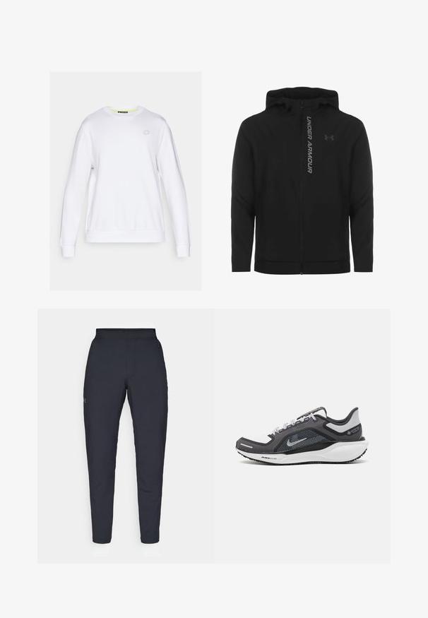 Giacca a zip nera con cappuccio realizzata in materiale morbido e leggero. Presenta il logo riflettente "UNDER ARMOUR" e una texture liscia.; Felpa bianca con maniche lunghe, scollatura rotonda e polsini a coste. Presenta un logo geometrico sottile sul petto. Tessuto liscio.; Pantaloni sportivi neri con una texture liscia, vestibilità slim, vita elastica e tasche laterali. Presentano un piccolo logo sulla coscia sinistra.; Scarpa da ginnastica nera e grigia con tomaia in rete, dettagli riflettenti e intersuola bianca. Presenta una suola in gomma testurizzata e lacci.