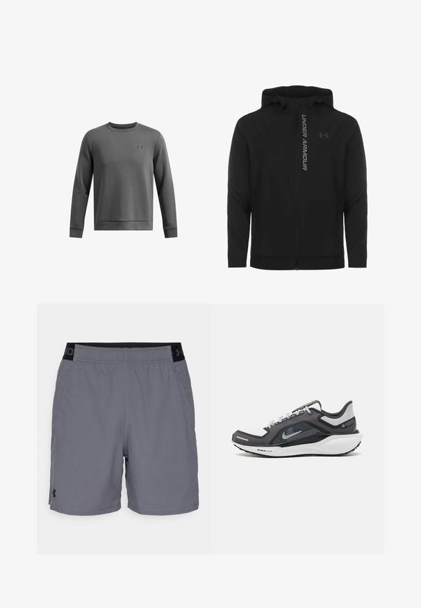 Giacca a zip nera con cappuccio realizzata in materiale morbido e leggero. Presenta il logo riflettente "UNDER ARMOUR" e una texture liscia.; Felpa grigia con collo a giro e maniche lunghe, realizzata in un tessuto morbido con una leggera texture. Logo stampato sul petto.; Pantaloni sportivi grigi realizzati in tessuto leggero, con un elastico in vita con accenti neri e tasche laterali. Design semplice senza pattern.; Scarpa da ginnastica nera e grigia con tomaia in rete, dettagli riflettenti e intersuola bianca. Presenta una suola in gomma testurizzata e lacci.