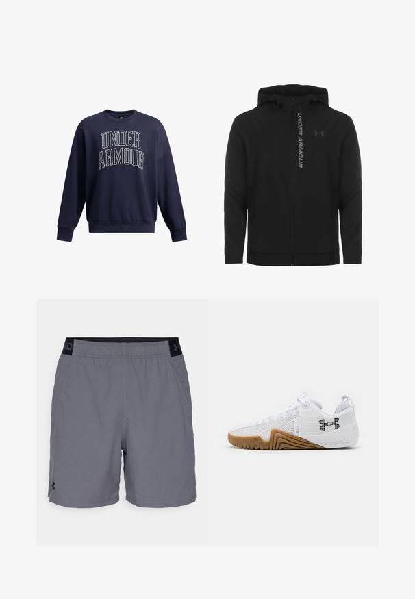 Musta vetoketjulla varustettu huppari, joka on valmistettu pehmeästä ja kevyestä materiaalista. Varustettu heijastavalla "UNDER ARMOUR" -logolla ja sileällä pinnalla.; Huppari tummansinistä väriä, jossa on paksuilla valkoisilla kirjaimilla "UNDER ARMOUR" -teksti. Ominaisuuksia ovat pyöreä kaula-aukko, pitkät hihat ja rento leikkaus.; Harmaat urheilu shortsit kevyestä kankaasta, joissa on joustava vyötärö mustilla yksityiskohdilla ja sivutaskut. Yksinkertainen muotoilu ilman kuvioita.; Valkoiset urheilukengät, joissa on verkkopinta, kumipohja gumminvärisenä, tekstiiliset yksityiskohdat ja musta logo sivussa.