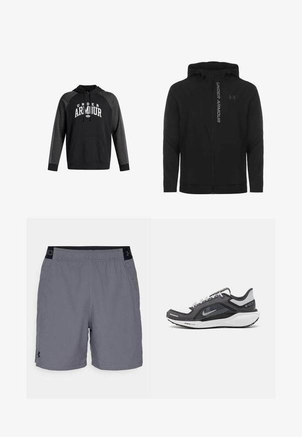 Czarna kurtka z kapturem zapinana na zamek, wykonana z miękkiego, lekkiego materiału. Posiada odblaskowe logo "UNDER ARMOUR" i gładką fakturę.; Czarna bluza z kapturem z przednią kieszenią kangurką, szarymi akcentami na rękawach i białym napisem "UNDER ARMOUR" na klatce piersiowej.; Szare spodenki sportowe z lekkiego materiału, z elastycznym pasem w czarnych akcentach i bocznymi kieszeniami. Prosty design bez wzorów.; Czarne i szare buty sportowe z siateczkową cholewką, odblaskowymi akcentami i białą podeszwą środkową. Posiadają teksturowaną gumową podeszwę i sznurowadła.