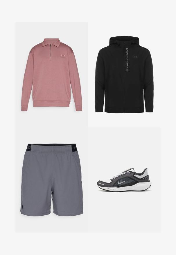 Czarna kurtka z kapturem zapinana na zamek, wykonana z miękkiego, lekkiego materiału. Posiada odblaskowe logo "UNDER ARMOUR" i gładką fakturę.; Jasnoróżowy sweter z zamkiem błyskawicznym przy kołnierzu, długimi rękawami, ściągaczami przy mankietach oraz wyszywanym logo na lewej piersi. Gładka tekstura.; Szare spodenki sportowe z lekkiego materiału, z elastycznym pasem w czarnych akcentach i bocznymi kieszeniami. Prosty design bez wzorów.; Czarne i szare buty sportowe z siateczkową cholewką, odblaskowymi akcentami i białą podeszwą środkową. Posiadają teksturowaną gumową podeszwę i sznurowadła.