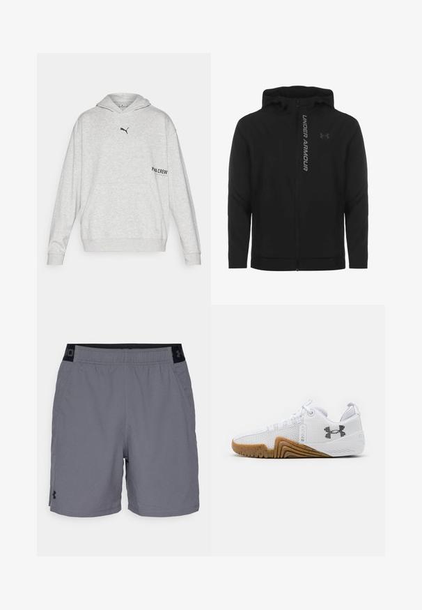 Melnā ar rāvējslēdzēju aizverama kapučjaka, kas izgatavota no mīksta, viegla materiāla. Tam ir atstarojošs "UNDER ARMOUR" logotips un gluda virsma.; Gaišpelēka sudraba kapuce, kas izgatavota no kokvilnas maisījuma, ar kengura kabatu, koriģējamu kapuci, melnu logotipu uz krūtīm un teksta detaļām uz piedurknes.; Pelēki sporta šorti, izgatavoti no viegla auduma, ar elastīgu jostasvietu un melnu akcentu, kā arī sānu kabatām. Vienkāršs dizains bez rakstiem.; Balti sporta apavi ar sietu augšdaļu, gumijas zoli ar gumijas krāsu, teksturētām akcentiem un melnu logo sānos.