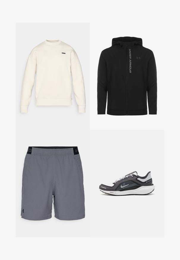 Sort lynlås hættejakke lavet af blødt, letvægtsmateriale. Har et reflekterende "UNDER ARMOUR"-logo og en glat overflade.; Lys beige sweatshirt med rund halsudskæring, ribbede manchetter og kant, samt et lille sort logo på brystet. Blød tekstur og afslappet pasform.; Grå atletikshorts i letvægtsstof med elastisk talje og sorte detaljer samt sidelommer. Enkelt design uden mønstre.; Sort og grå atletisk sko med en mesh-overdel, reflekterende detaljer og en hvid mellemsål. Har en tekstureret gummisål og snørebånd.