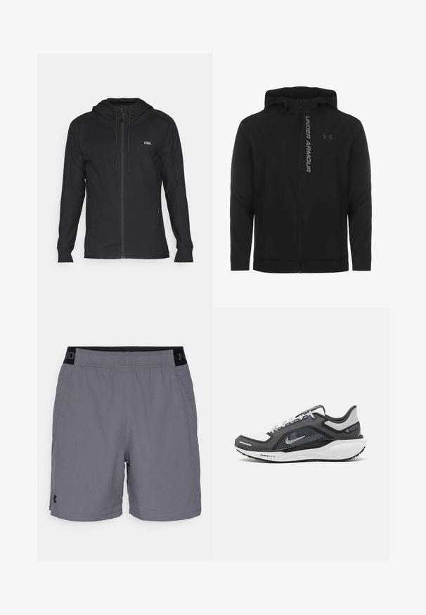 Giacca a zip nera con cappuccio realizzata in materiale morbido e leggero. Presenta il logo riflettente "UNDER ARMOUR" e una texture liscia.; Felpa nera con zip e cappuccio, realizzata in tessuto liscio. Presenta un piccolo logo sul petto e tasche laterali. Taglio dritto e maniche lunghe.; Pantaloni sportivi grigi realizzati in tessuto leggero, con un elastico in vita con accenti neri e tasche laterali. Design semplice senza pattern.; Scarpa da ginnastica nera e grigia con tomaia in rete, dettagli riflettenti e intersuola bianca. Presenta una suola in gomma testurizzata e lacci.