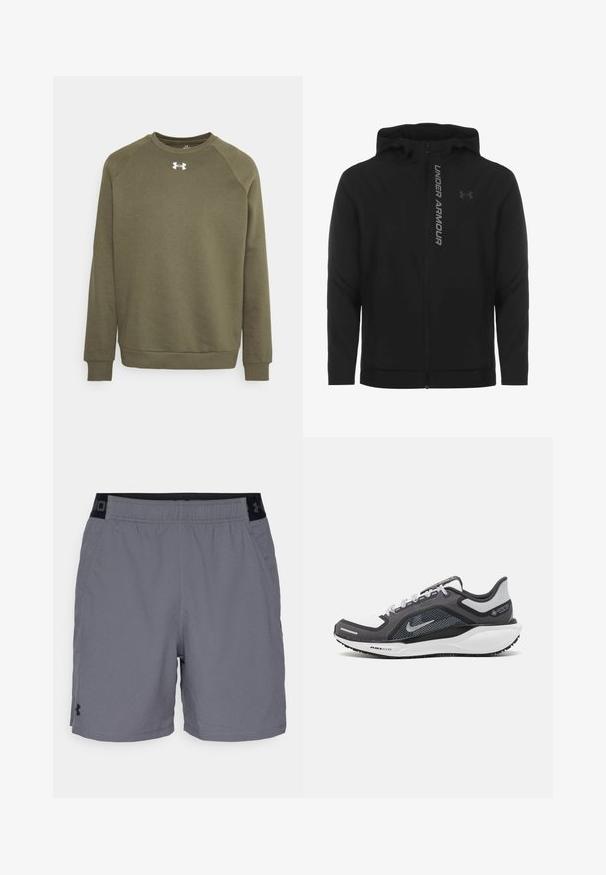 Giacca a zip nera con cappuccio realizzata in materiale morbido e leggero. Presenta il logo riflettente "UNDER ARMOUR" e una texture liscia.; Felpa verde oliva con girocollo, maniche raglan, polsini e fondo a coste, caratterizzata da un logo bianco sul petto.; Pantaloni sportivi grigi realizzati in tessuto leggero, con un elastico in vita con accenti neri e tasche laterali. Design semplice senza pattern.; Scarpa da ginnastica nera e grigia con tomaia in rete, dettagli riflettenti e intersuola bianca. Presenta una suola in gomma testurizzata e lacci.