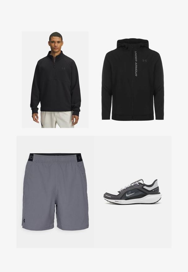Melnā ar rāvējslēdzēju aizverama kapučjaka, kas izgatavota no mīksta, viegla materiāla. Tam ir atstarojošs "UNDER ARMOUR" logotips un gluda virsma.; Melna puszipa kapuce izgatavota no mīksta auduma, ar augstu apkakli, raglanu piedurknēm un diskrētu logo uz krūšu.; Pelēki sporta šorti, izgatavoti no viegla auduma, ar elastīgu jostasvietu un melnu akcentu, kā arī sānu kabatām. Vienkāršs dizains bez rakstiem.; Melnas un pelēkas sporta kurpes ar tīklu augšdaļu, atstarojošiem akcentiem un baltu starpzoli. Aprīkotas ar teksturētu gumijas zoli un šņorēm.