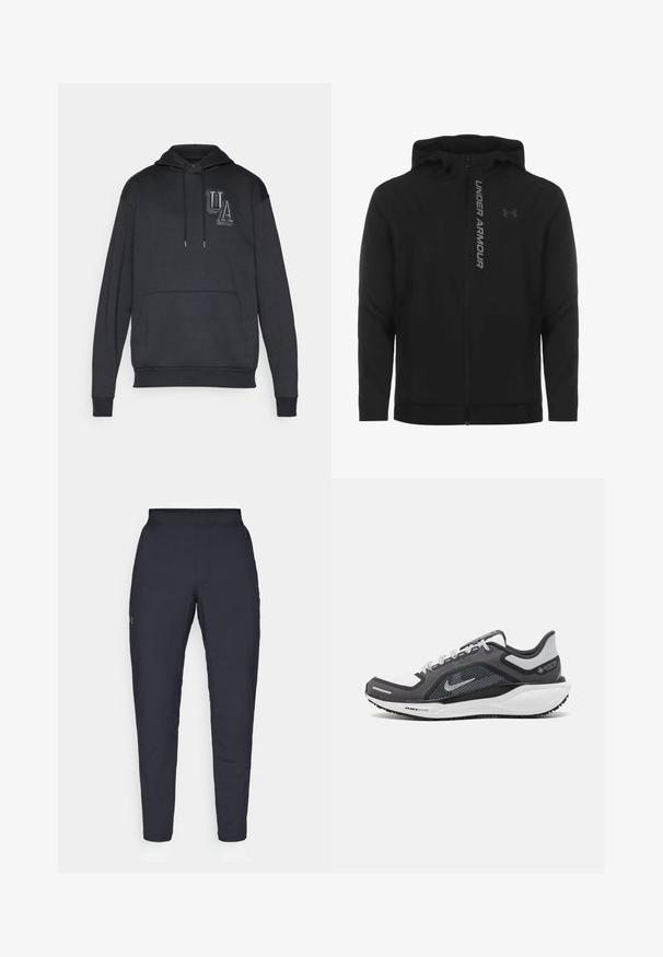 Juodas zip-up gobtuvu džemperis, pagamintas iš minkštos, lengvos medžiagos. Yra atspindintis "UNDER ARMOUR" logotipas ir glotni tekstūra.; Juoda gobtuvo džemperis su priekiu kišenėje, su tekstūruotu "UA" logotipu ant krūtinės ir raišteliais kaklo srityje. Minkšta medžiaga.; Juodos sportinės kelnės su lygiu paviršiumi, siauru siluetu, elastingu juosmeniu ir šoninėmis kišenėmis. Mažas logotipas yra kairėje šlaunyje.; Juodas ir pilkas sportinis batelis su tinkleliu viršuje, atspindinčiais akcentais ir balta vidurinė dalimi. Yra tekstūruota guminė išorinė pada ir raišteliai.