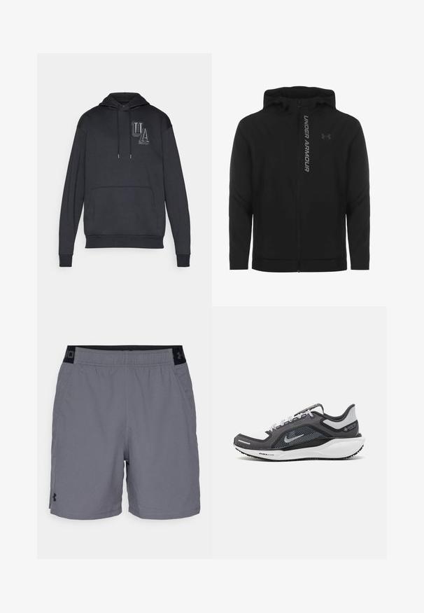 Črna zip-up kapuca izdelana iz mehkega, lahkotnega materiala. Ima odsevni logo "UNDER ARMOUR" in gladko teksturo.; Črna kapuca s sprednjim žepom, ki vsebuje teksturirano "UA" logo na prsih in vrvico pri vratu. Mehka tkanina.; Sive kratke športne hlače iz lahkega blaga, z elastičnim pasom z črnimi akcenti in stranskimi žepi. Preprost oblikovanje brez vzorcev.; Črne in sive atletske čevlje z mrežasto zgornjim delom, odsevnimi detajli in belim srednjim podplatom. Imajo strukturiran gumijast podplat in vezalke.