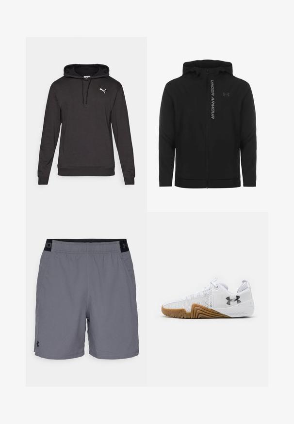 Melnā ar rāvējslēdzēju aizverama kapučjaka, kas izgatavota no mīksta, viegla materiāla. Tam ir atstarojošs "UNDER ARMOUR" logotips un gluda virsma.; Melns garais kapuci džemperis ar priekšējām kabatām, aukliņu kapuci, ribinātām piedurknēm un mazu baltu Puma logotipu kreisajā krūtī.; Pelēki sporta šorti, izgatavoti no viegla auduma, ar elastīgu jostasvietu un melnu akcentu, kā arī sānu kabatām. Vienkāršs dizains bez rakstiem.; Balti sporta apavi ar sietu augšdaļu, gumijas zoli ar gumijas krāsu, teksturētām akcentiem un melnu logo sānos.